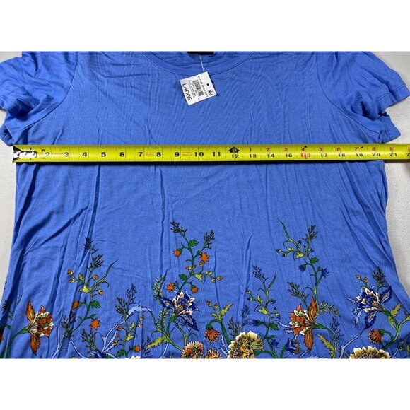 JW Collection Size L Blue Floral Print Rayon Knit Top Short Sleeve - Picture 3 of 9